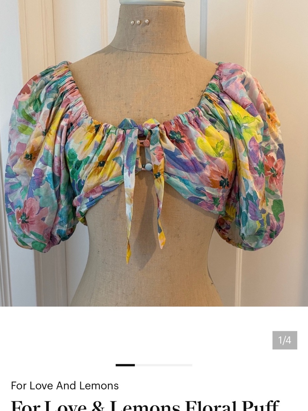 For Love And Lemons Pastel Floral Puff-Sleeve Tie-Front Crop Top